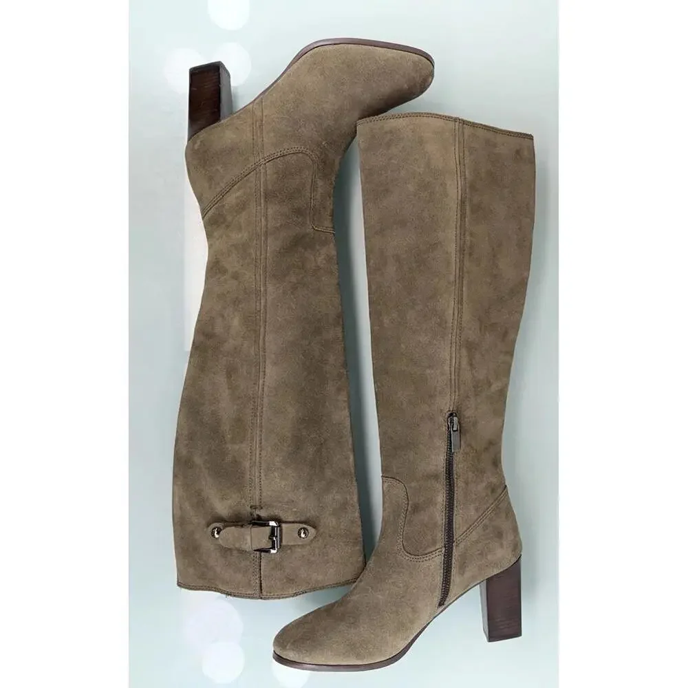 Michael Kors Burke Knee High Suede Boots Sz 7.5 Equestrian Chic Block‎ Heel